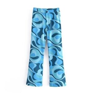 Zara  Groovy Safia Neon Swirl Print Blue Patterned Women's Pants Size Medium NWT